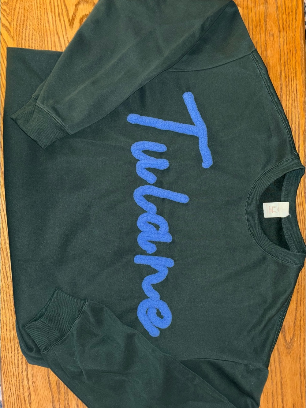 Women's Dark Green 'Tulane' Logo Crewneck - Blue Script Chenille